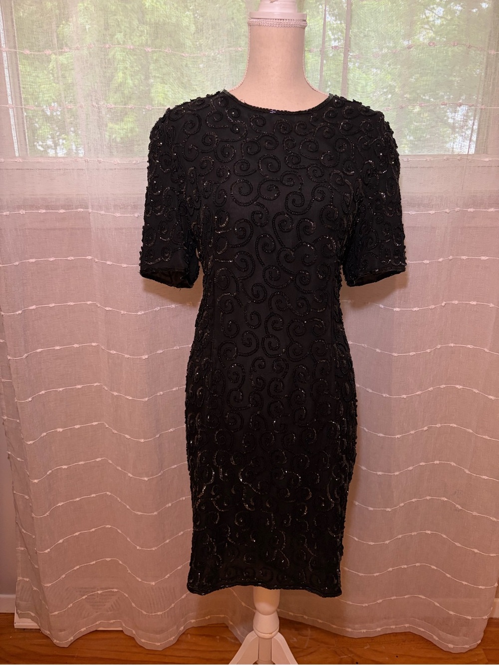 Vintage Silky Nites Black Beaded Silk Midi Dress with Short Sleeves